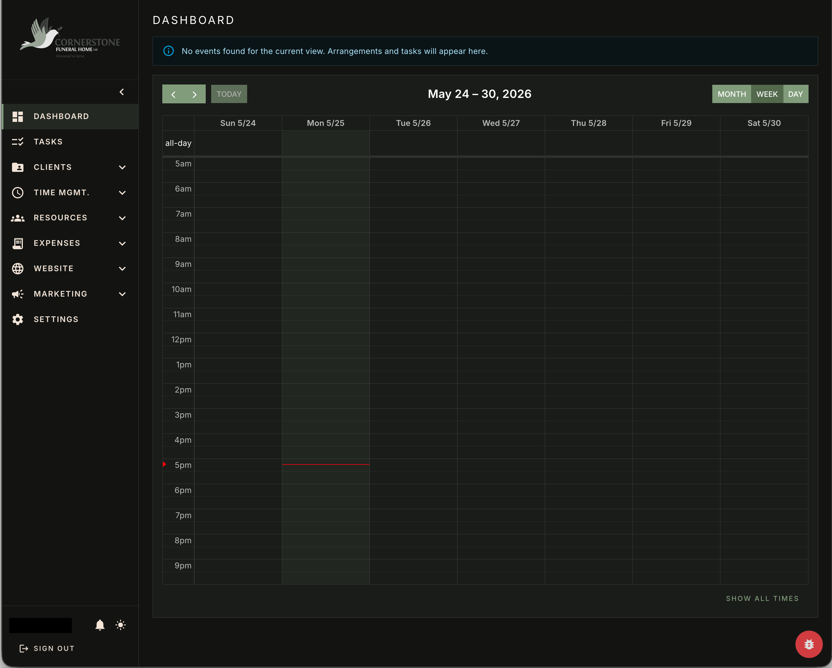 Actual client staff portal screenshot showing its calendar and business navigation